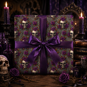 Gothic-Schädel und dunkle florale Purpurrosen Geschenkpapier