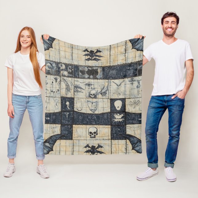 Gothic-Schädel- und Fledermaus-Denim-Collage Fleecedecke (Beispiel)