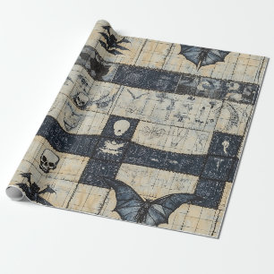 Gothic-Schädel- und Fledermaus-Denim-Collage Geschenkpapier