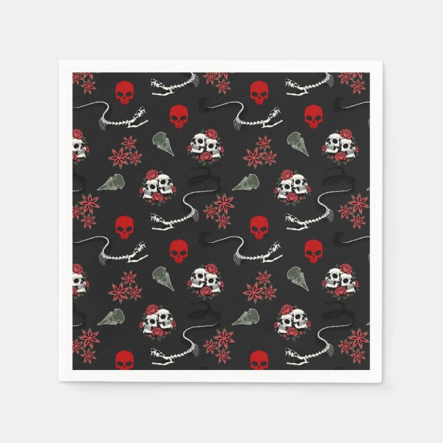 Gothic-Schädel und Rosen Halloween-Muster Serviette (Vorderseite)