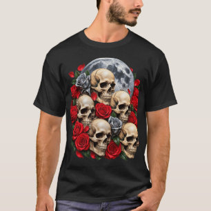 Gothic-Schädel und rote Rosen T-Shirt Dunkle Blu