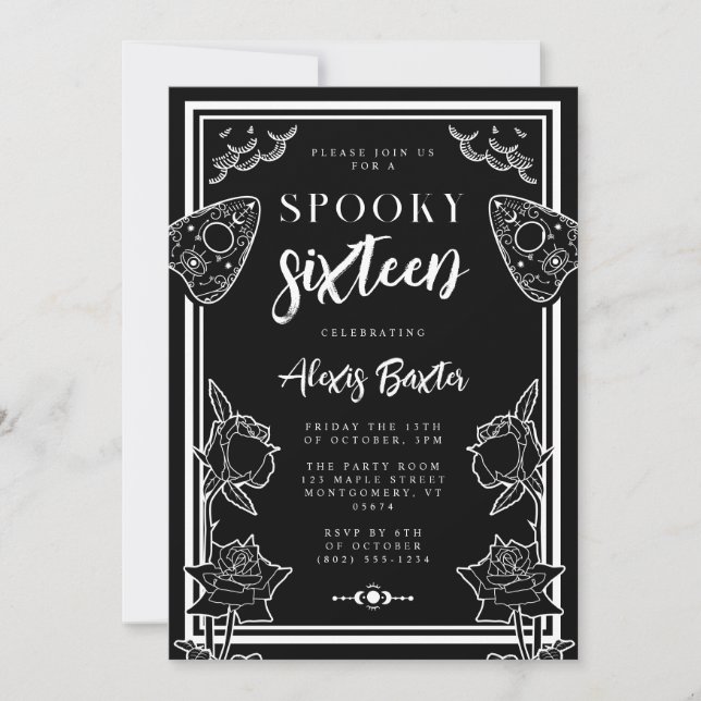 Gothic Schwarz-weiß Floral Typografy 16 . Geburtst Einladung (Vorderseite)