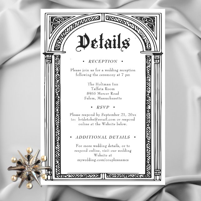 Gothic Schwarz-weiß Mittelalter bis Totenhochzeit Begleitkarte (Gothic Black White Medieval Until Death Wedding Details Enclosure Card)