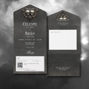 Gothic Schwarz-Weiß-Totenköpfe und Herz-QR-Code All In One Einladung