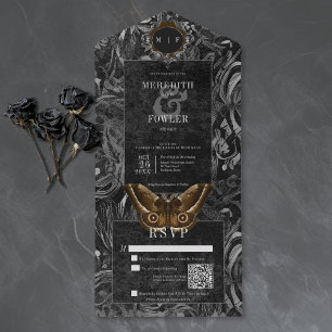 Gothic Schwarzbraune Filigran-Motte Dinner-Hochzei All In One Einladung