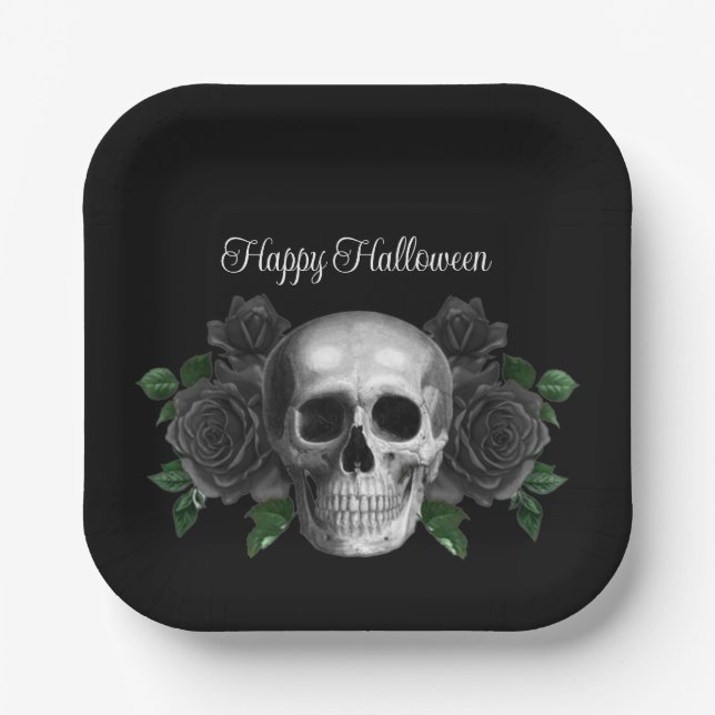Gothic Schwarze Florale Schädel Halloween Pappteller (Vorderseite)