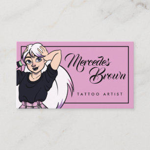 Gothic Script Cartoon Girl Pink Tattoo Artist Visitenkarte
