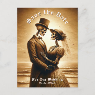 Gothic Sepia Skelett-Paar Hochzeit Terminankündigu Ankündigungspostkarte