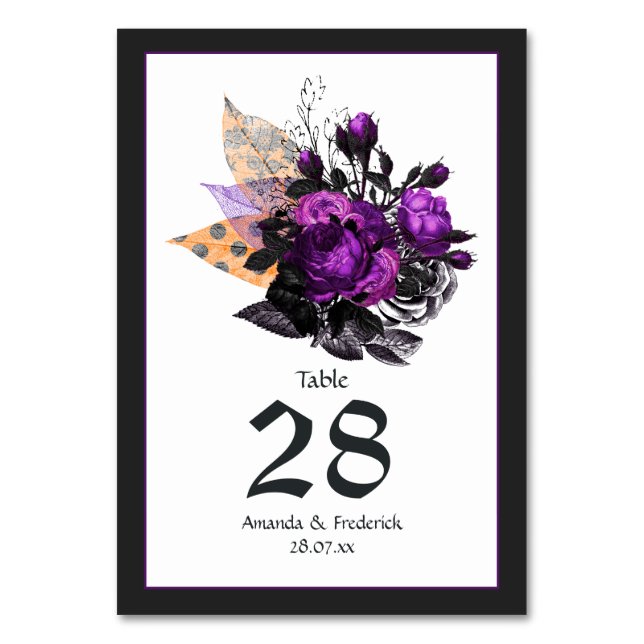 Gothic Shabby-Chic Black, Lila & Orange Wedding Tischnummer (Vorderseite)