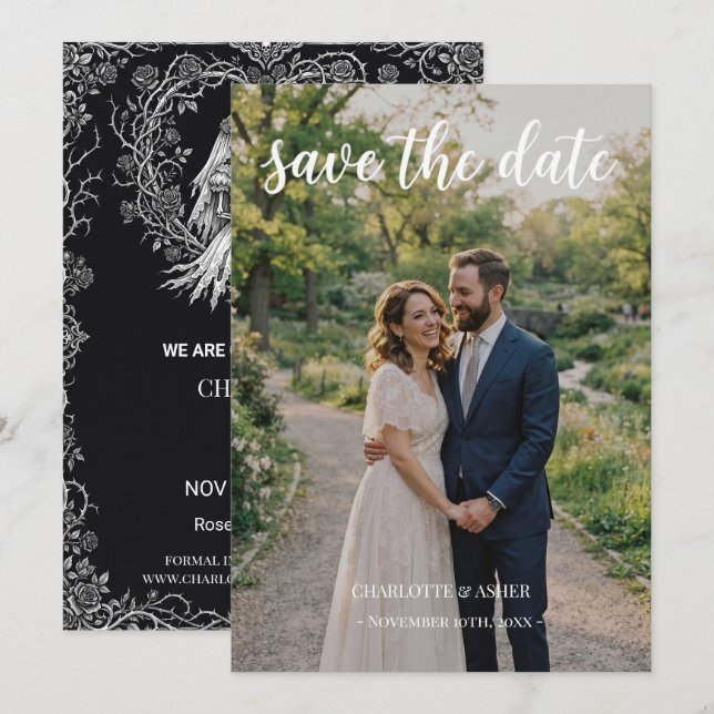 Gothic Skeleton Braut Foto Halloween Save the Date (Vorne/Hinten)