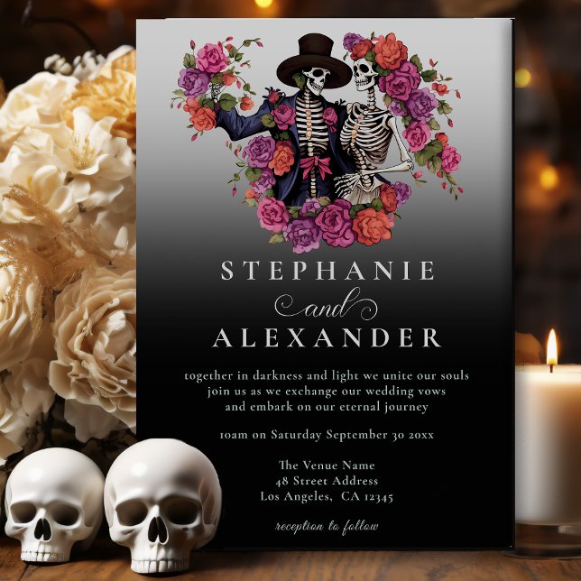 Gothic Skeleton Couple Black Blume Wedding Einladung (Von Creator hochgeladen)