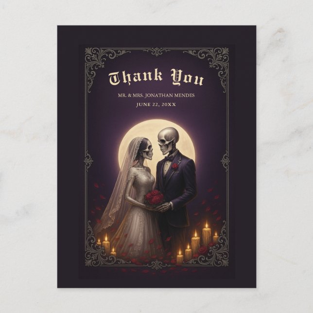 Gothic Skeleton Couple Elegant Wedding Thank You Postkarte (Vorderseite)