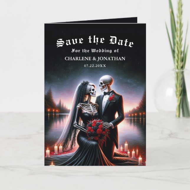 Gothic Skeleton Couple Navy Save the Date Ankündigung (Vorderseite)