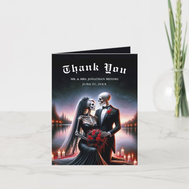 Gothic Skeleton Couple Navy Wedding Thank You Dankeskarte (Vorderseite)