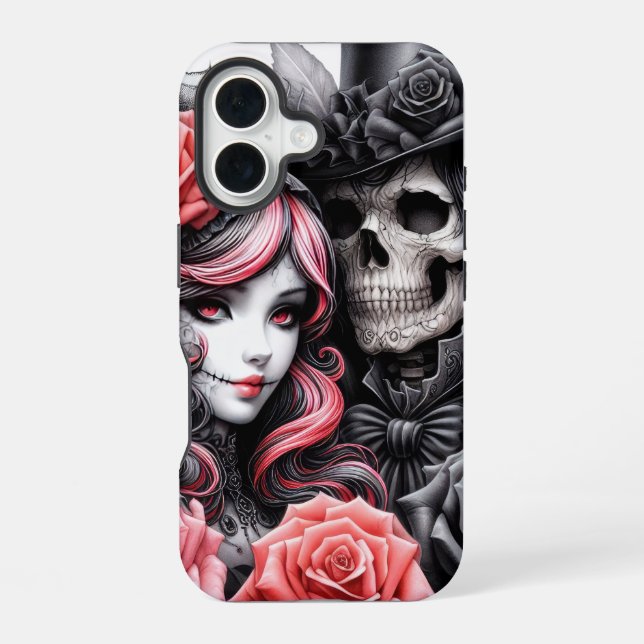 Gothic Skeleton Couple Phone Case iPhone 16 Hülle (Rückseite)
