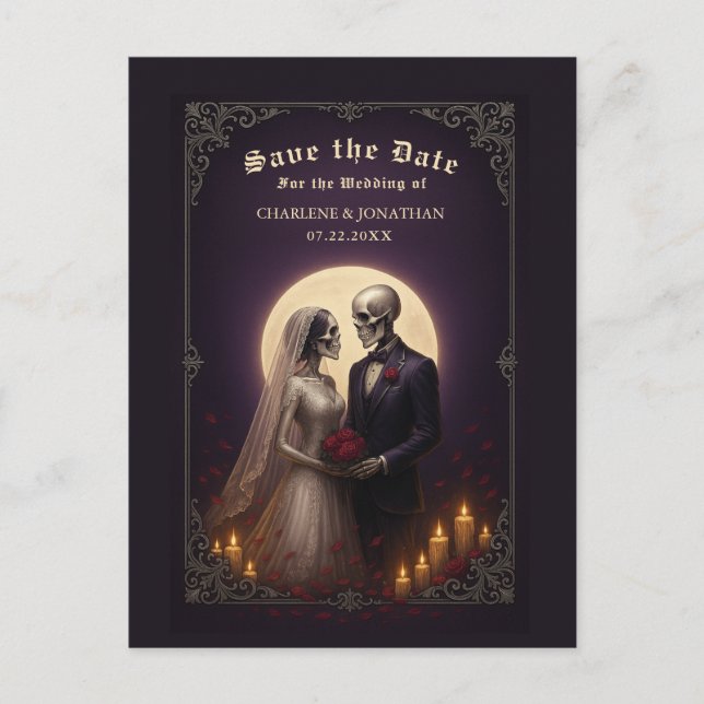 Gothic Skeleton Couple Purple Save the Date Ankündigungspostkarte (Vorderseite)