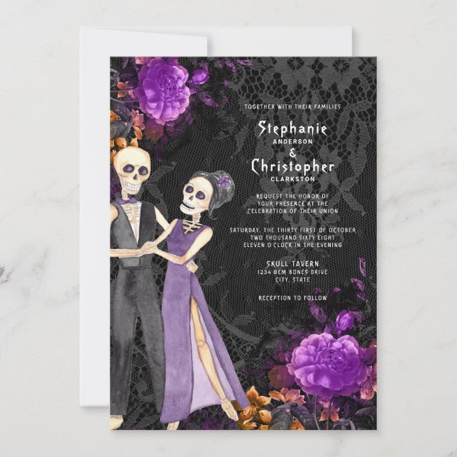 Gothic Skeleton Lila Floral Halloween Hochzeit Einladung (Vorderseite)