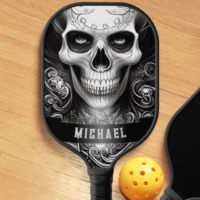 Gothic Skeleton Skull Black & White Name Pickleball Schläger (gothic skeleton skull pickleball paddle)