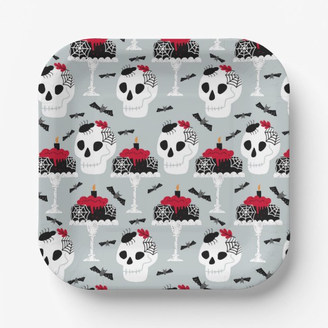 Gothic Skeleton Skull Party Tortenschwänze Pappteller (Vorderseite)