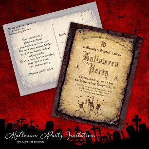 Gothic Skeletons Fledermäuse Halloween-Party laden Postkarte
