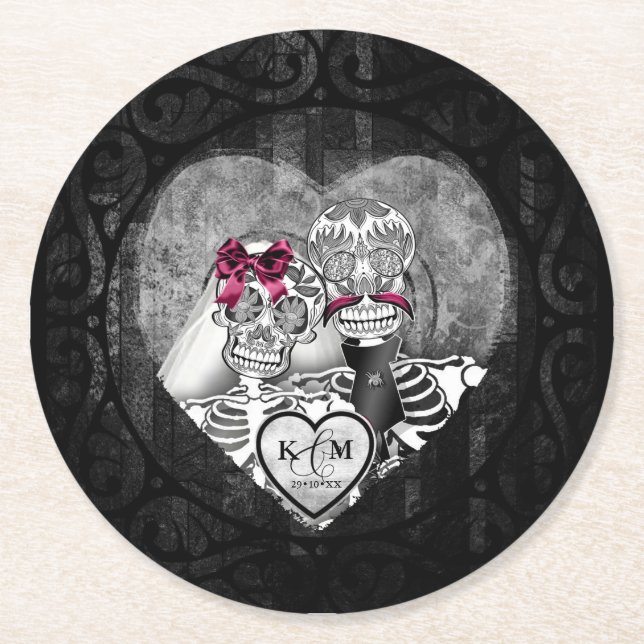 Gothic Skeletons Wedding Burgundy ID866 Runder Pappuntersetzer (Vorderseite)