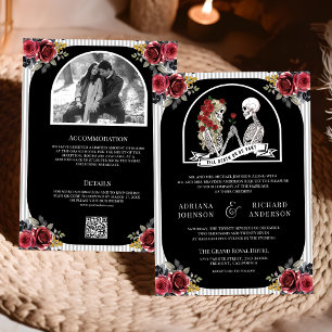 Gothic Skelett-Paar Rosen Schwarzer QR-Code Hochze Einladung