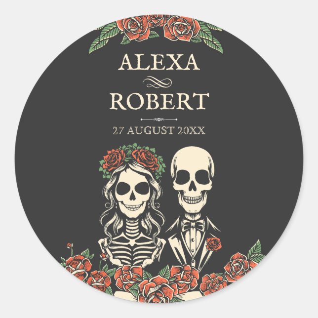 Gothic Skelett Rose Paar Hochzeitsticker Runder Aufkleber (Vorderseite)