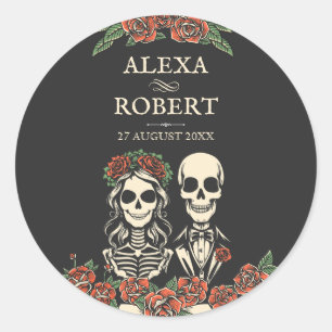 Gothic Skelett Rose Paar Hochzeitsticker Runder Aufkleber