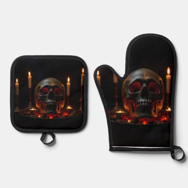 Gothic Skull Altar Halloween Oven Mitt Set (Vorderseite)