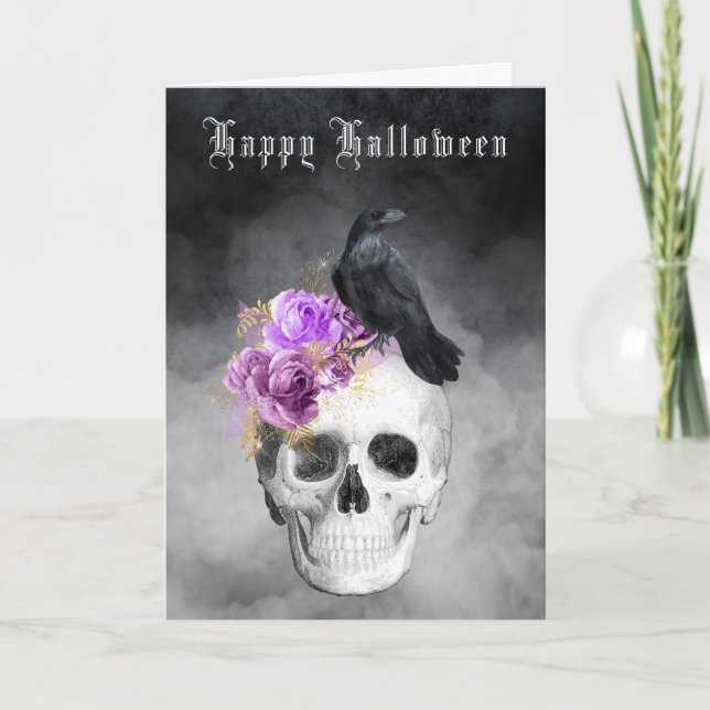 Gothic Skull and Raven Halloween Holiday Karte (Vorderseite)