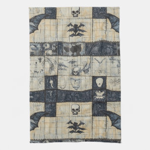 Gothic Skull & Bat Denim Collage Geschirrtuch