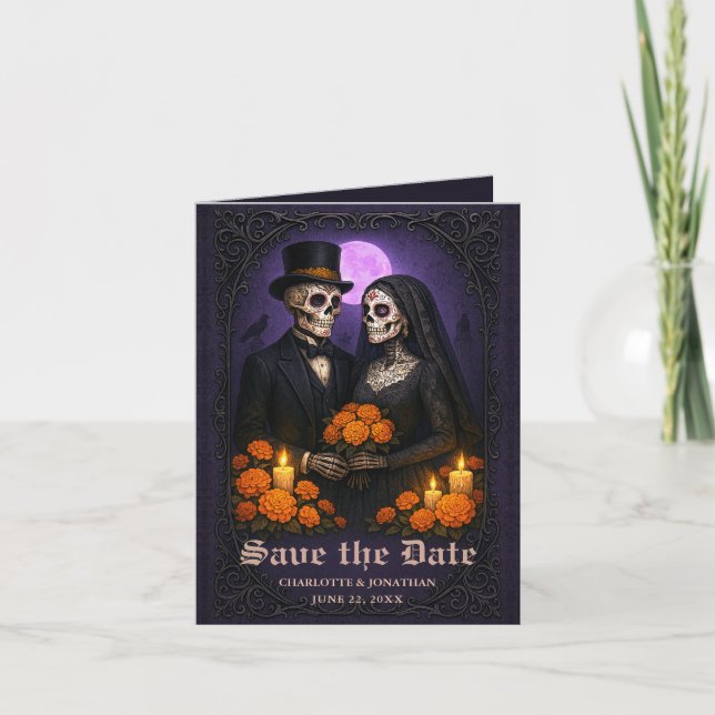 Gothic Skull Candy Couple Wedding Save the Date Ankündigung (Vorderseite)