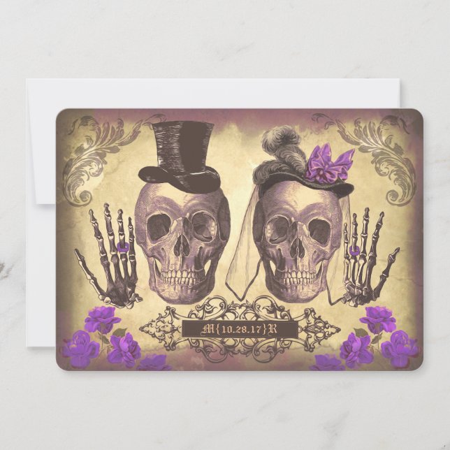 Gothic Skull Couple Day of the Dead Wedding lila Einladung (Vorderseite)
