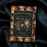 Gothic Skull Couple Foto Speichern Sie das Date Ma Magnetkarte<br><div class="desc">Diese gotische Hochzeit Save the Date Magnetkarte weist ein Muster von gruseligen Schädeln auf, die in einem schwarzen Abgrund hinter Ihrem Text "Bis zum Tod macht uns Teil" schwebten. Jeder Schädel ist mit rote Rosen geschmückt, um einen romantischen Anlass zu bieten. Fügen Sie Ihr Verlobung-Foto hinzu. Ihre leeren seelenlosen Augen...</div>