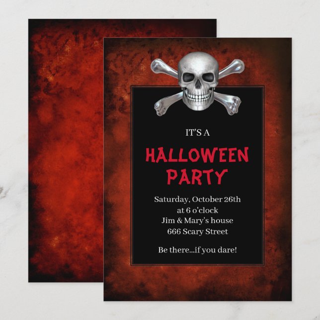 Gothic Skull Crossbones Red Grunge Halloween-Party Einladung (Vorne/Hinten)