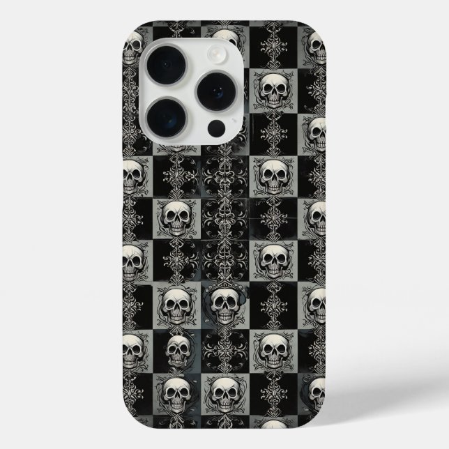 Gothic Skull & Damask Checkerboard Phone Case  (Rückseite)