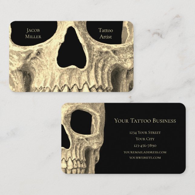 Gothic Skull Face Black Beige Tattoo Shop Visitenkarte (Vorne/Hinten)