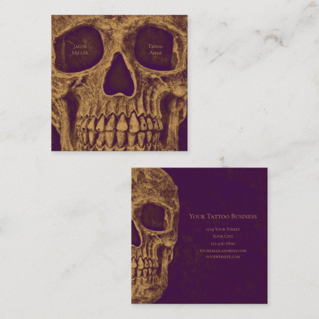 Gothic Skull Face Gold Lila Tattoo Shop Quadratische Visitenkarte (Vorne/Hinten)