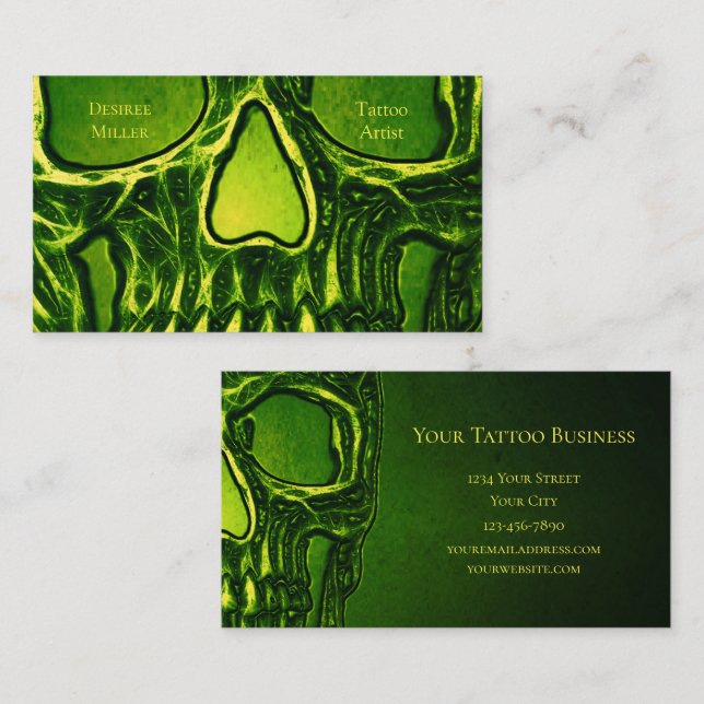 Gothic Skull Face Green Neon Metallic Tattoo Shop Visitenkarte (Vorne/Hinten)