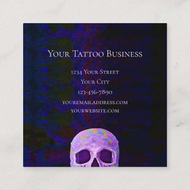 Gothic Skull Face Lila Blue Cool Tattoo Shop Quadratische Visitenkarte (Rückseite)