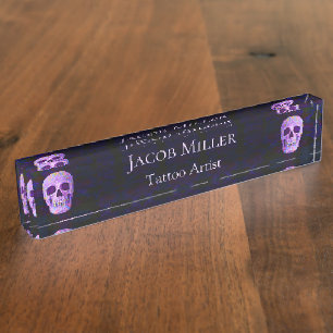 Gothic Skull Face Lila Blue Tattoo Shop Einzigarti Namensplakette