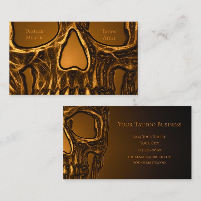 Gothic Skull Face Metallic Gold Tattoo Shop Visitenkarte (Vorne/Hinten)