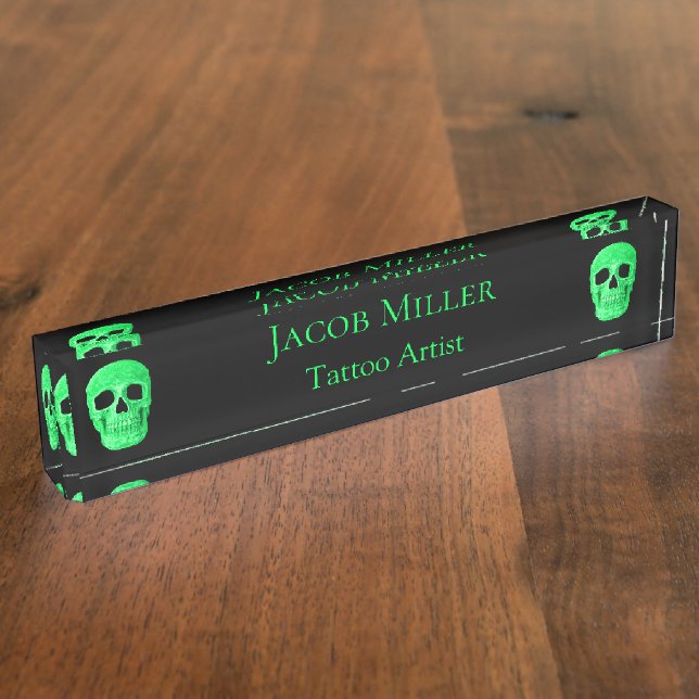 Gothic Skull Face Neon Green Black Tattoo Shop Namensplakette (Seite)