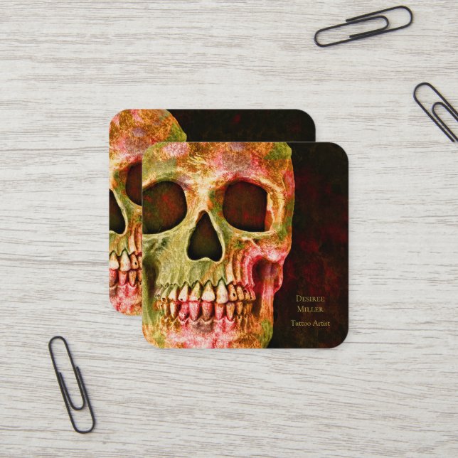 Gothic Skull Face Red Green Tattoo Shop Quadratische Visitenkarte (Vorderseite/Rückseite Beispiel)
