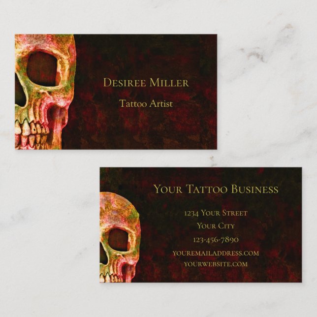 Gothic Skull Face Red Green Tattoo Shop Visitenkarte (Vorne/Hinten)