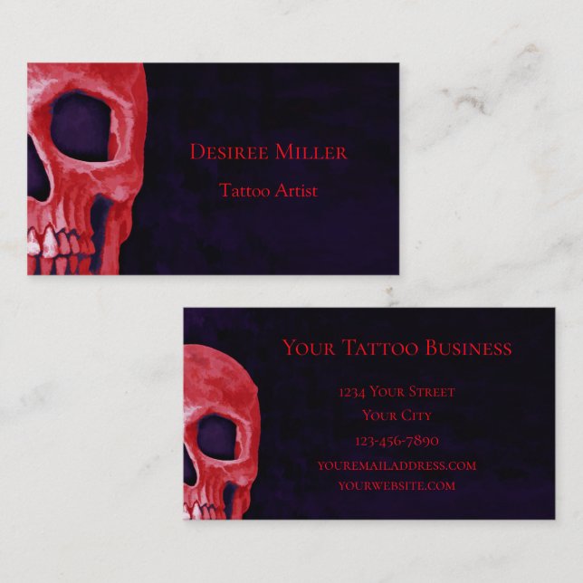 Gothic Skull Girly Metallic Red Lila Tattoo Shop Visitenkarte (Vorne/Hinten)