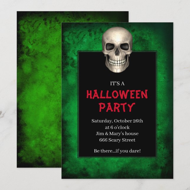 Gothic Skull Green Grunge Halloween-Party Einladung (Vorne/Hinten)