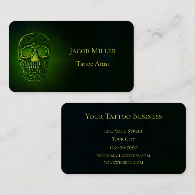 Gothic Skull Green Neon Metallic Tattoo Artist Visitenkarte (Vorne/Hinten)