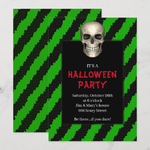 Gothic Skull Green Stripe Halloween-Party Einladung