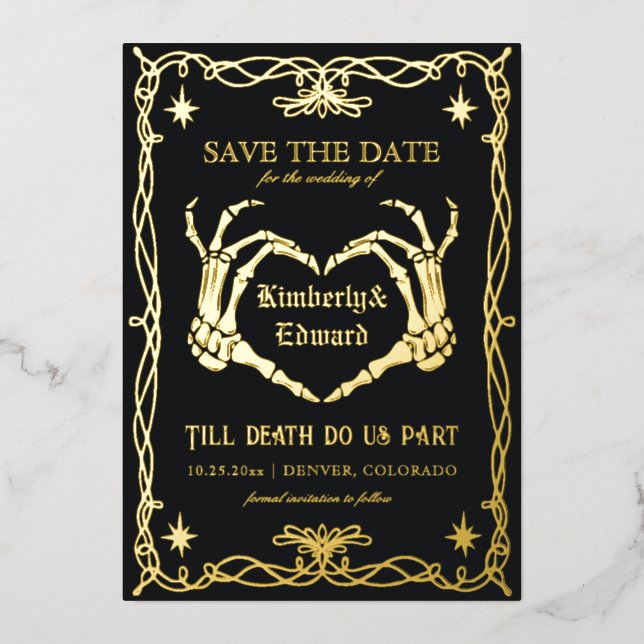 Gothic Skull Hallowedding Retro Save the Date Folieneinladung (Vorderseite)